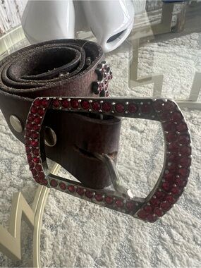 Brown Leather Belt with Red Crystal Buckle